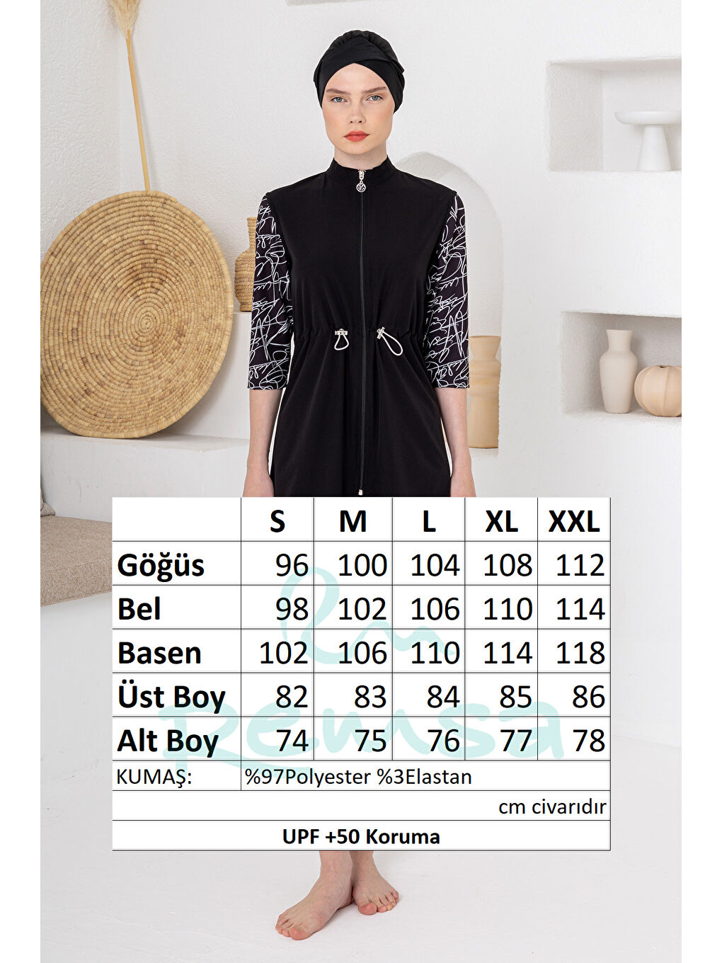 UV Korumalı Truvakar Kollu Taytlı Spor Elastan Yarı Kapalı Mayo 1603 Siyah02-3