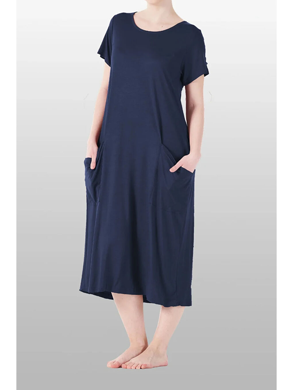 Kadın Kısa Kol Cep Detay Viskon Elbise Pijama 25234-4 Lacivert-1