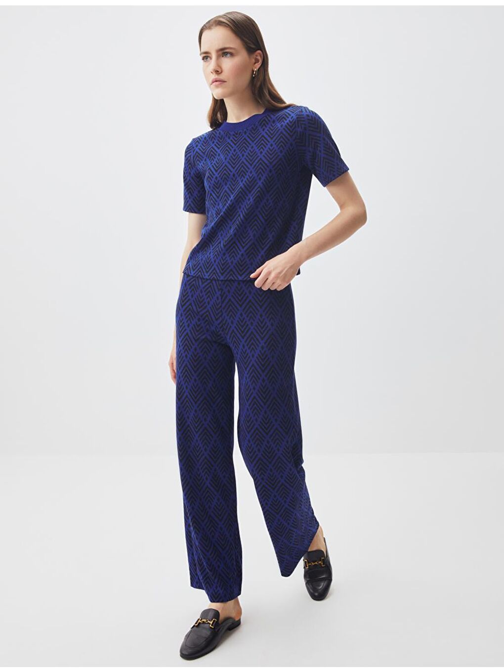 Mavi Kobalt Yüksek Bel Bol Paça Desenli Örme Pantolon