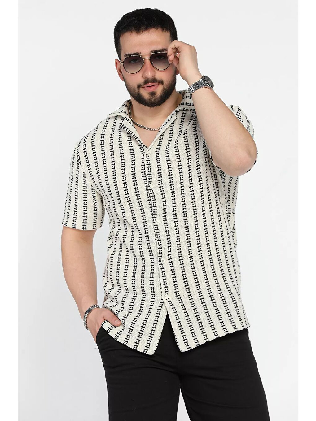 Ekru Jakarlı Erkek Kısa Kol Gömlek