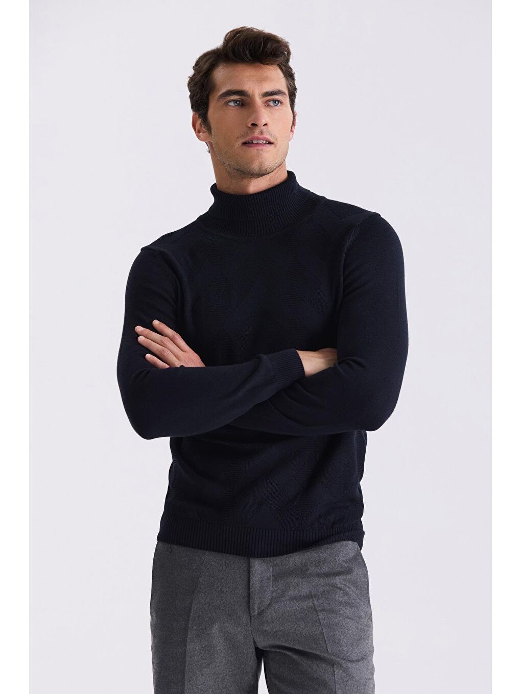 Lacivert Slim Fit Tam Balıkçı Yaka Desenli Triko Kazak