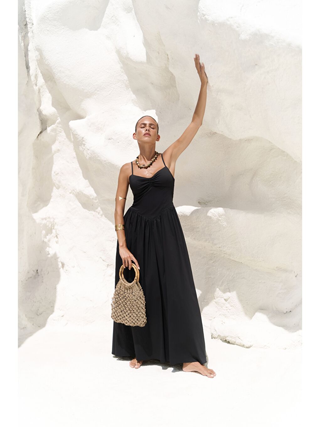 Hajar Askılı Siyah Uzun Elbise-2