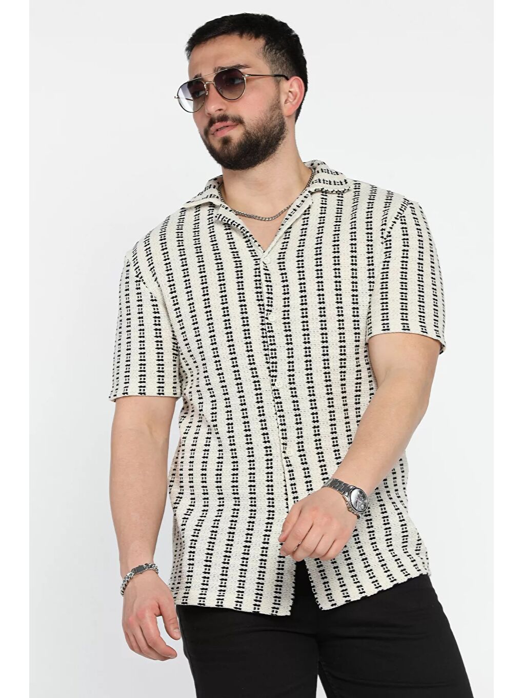 Ekru Jakarlı Erkek Kısa Kol Gömlek-1