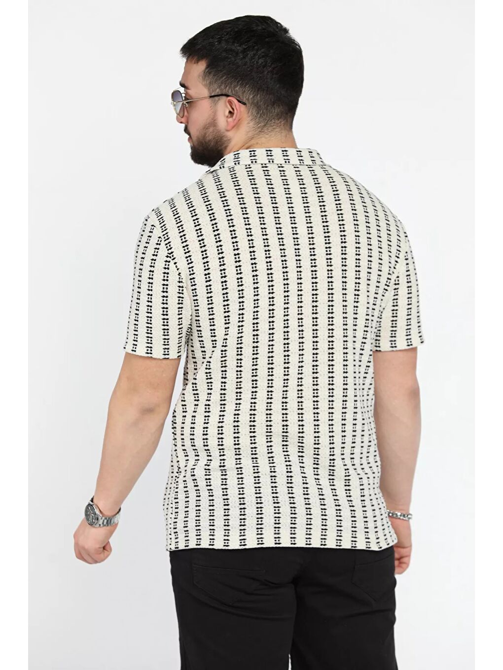 Ekru Jakarlı Erkek Kısa Kol Gömlek-2