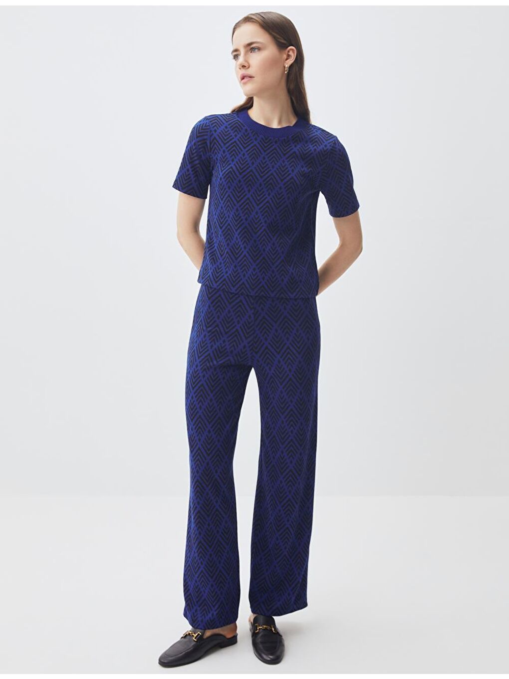 Mavi Kobalt Yüksek Bel Bol Paça Desenli Örme Pantolon-1