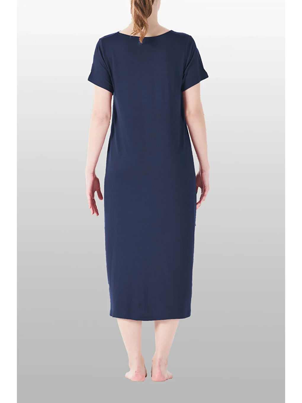 Kadın Kısa Kol Cep Detay Viskon Elbise Pijama 25234-4 Lacivert-2