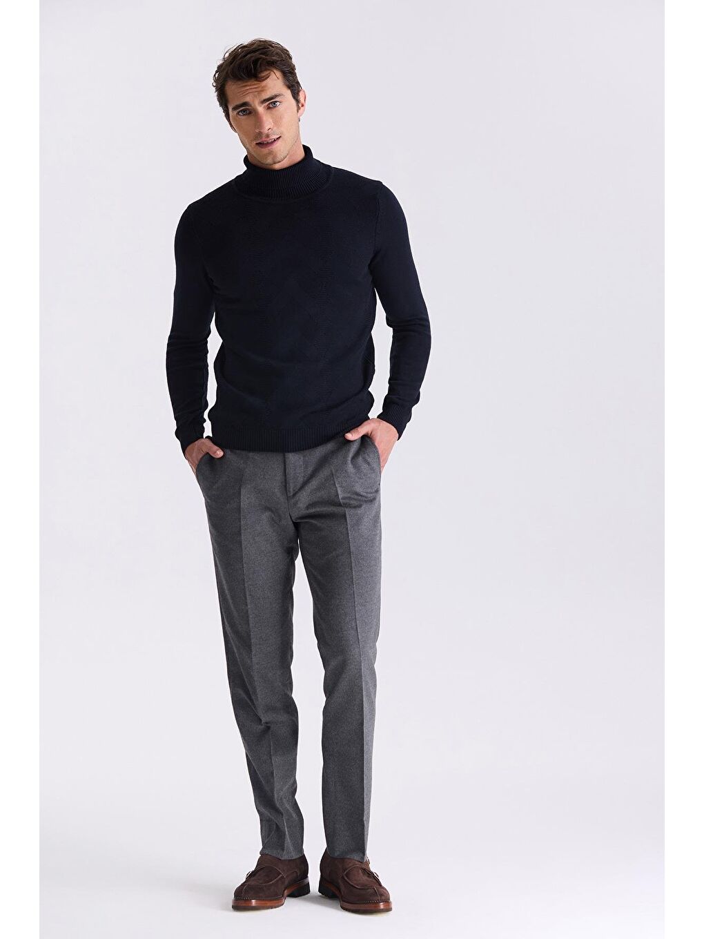 Lacivert Slim Fit Tam Balıkçı Yaka Desenli Triko Kazak-1