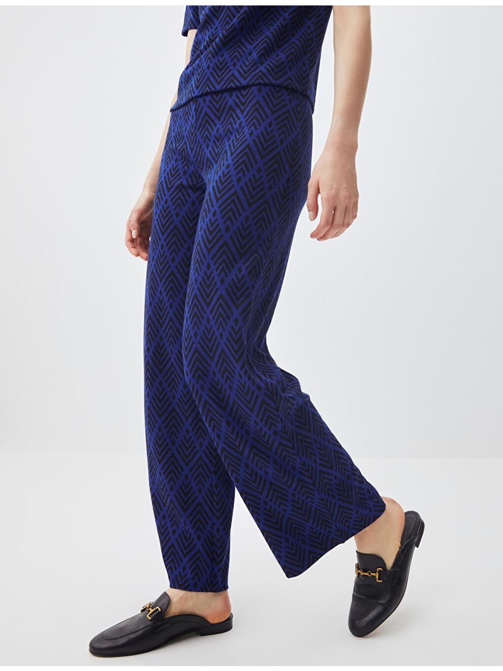Mavi Kobalt Yüksek Bel Bol Paça Desenli Örme Pantolon-2