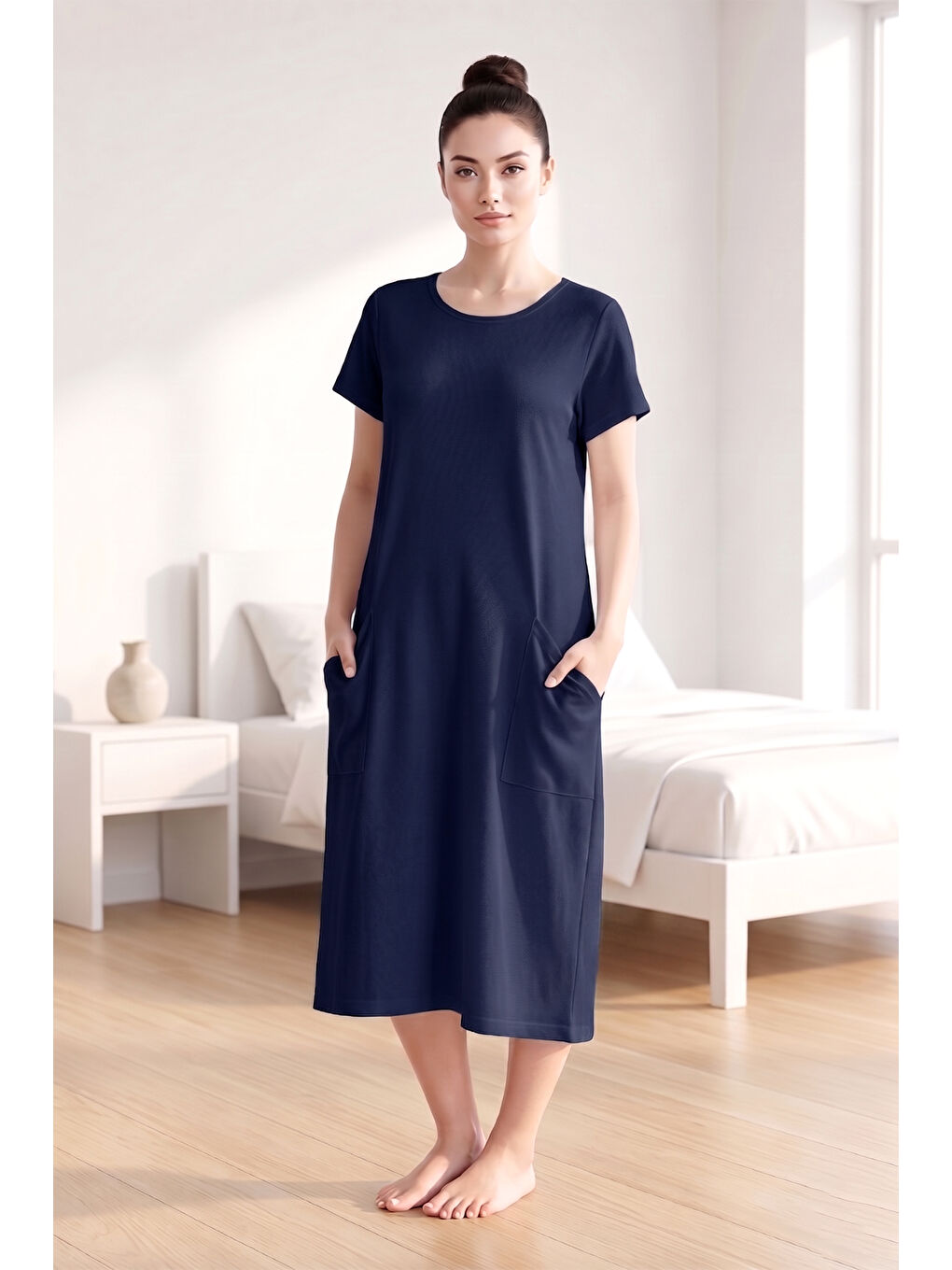 Kadın Kısa Kol Cep Detay Viskon Elbise Pijama 25234-4 Lacivert-3