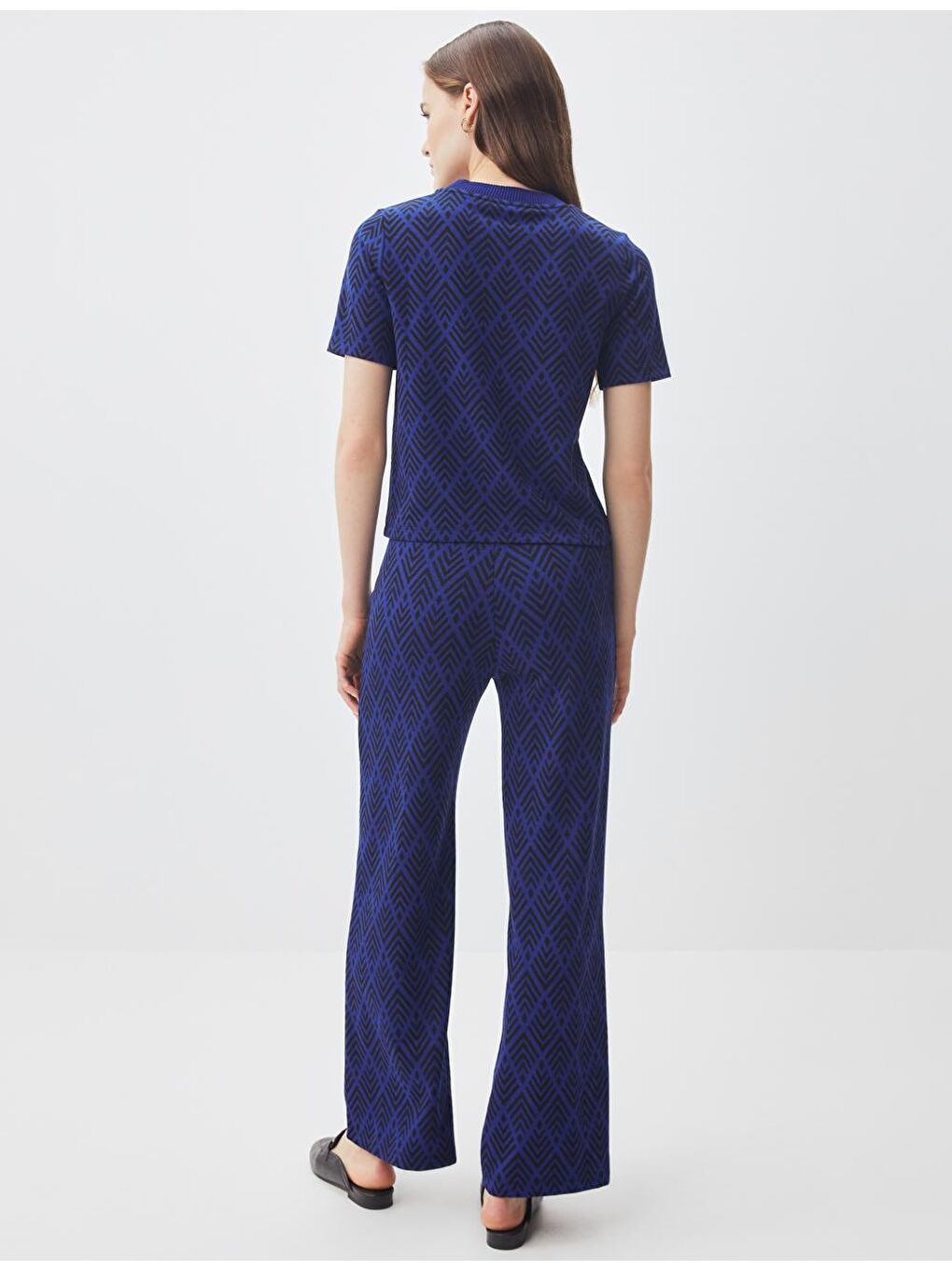 Mavi Kobalt Yüksek Bel Bol Paça Desenli Örme Pantolon-3