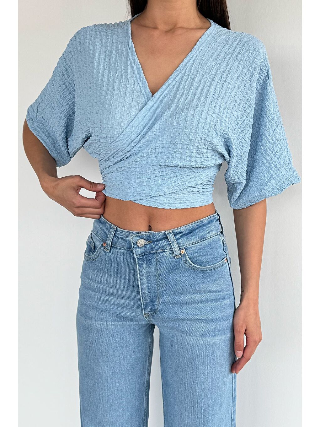 Mavi Kadın Bağlamalı Bluz-1