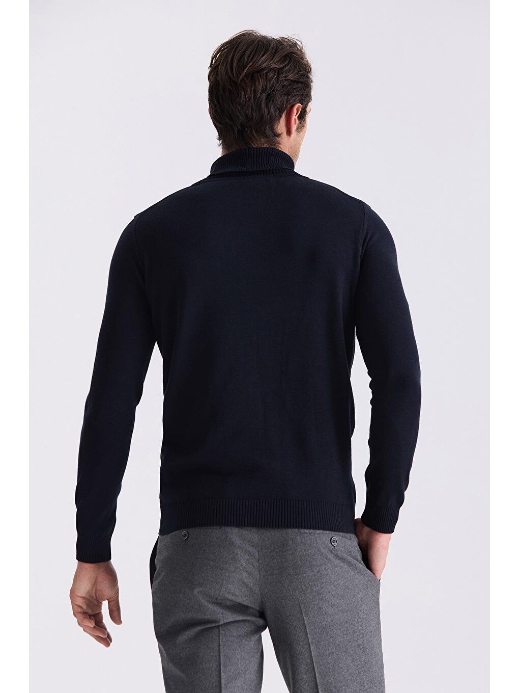 Lacivert Slim Fit Tam Balıkçı Yaka Desenli Triko Kazak-3