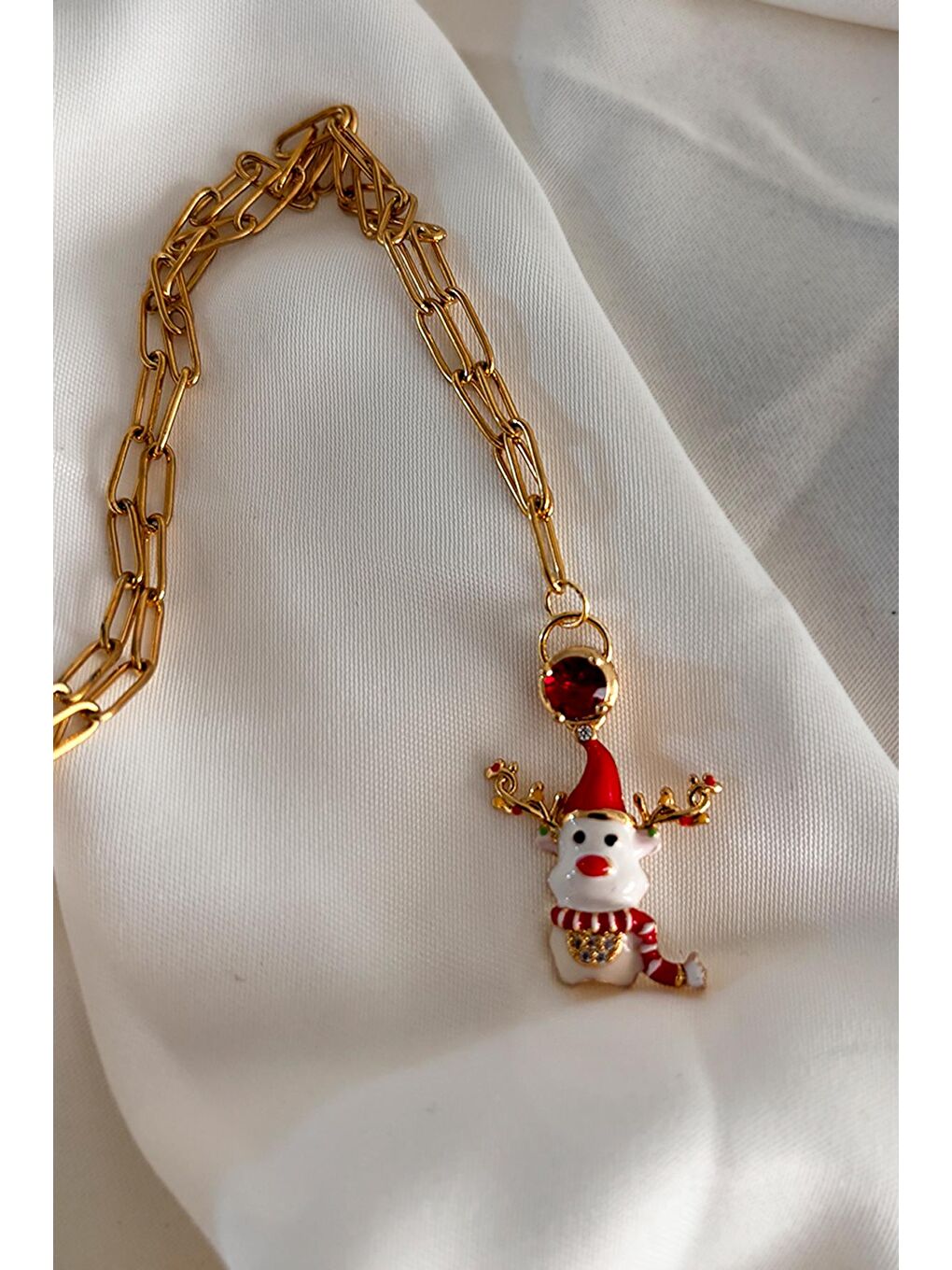 Sarı Yılbaşı Tatlı Geyik Charm Uçlu Özel Seri Paslanmaz Çelik Hediyelik Kadın Kolye-2