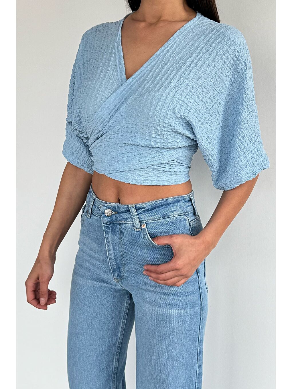 Mavi Kadın Bağlamalı Bluz-2