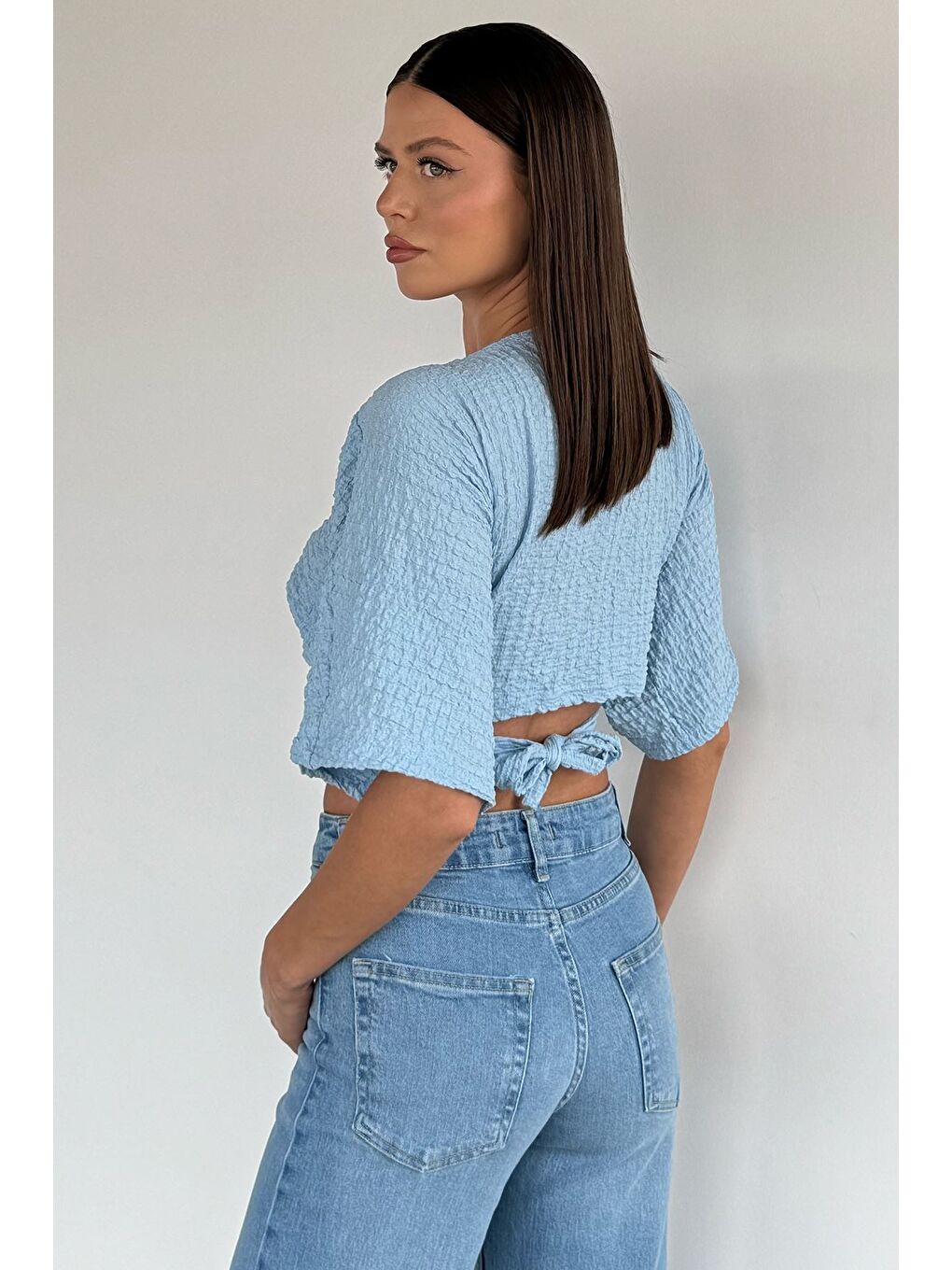 Mavi Kadın Bağlamalı Bluz-3