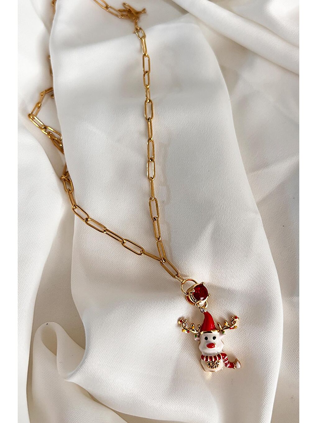 Sarı Yılbaşı Tatlı Geyik Charm Uçlu Özel Seri Paslanmaz Çelik Hediyelik Kadın Kolye-4