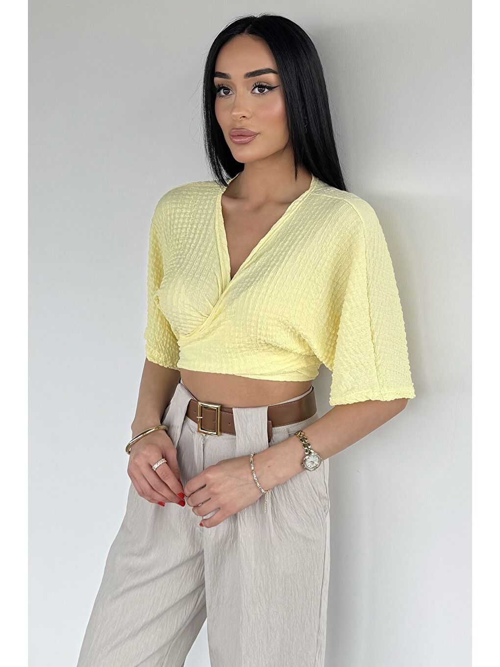 Sarı Kadın Bağlamalı Bluz-1