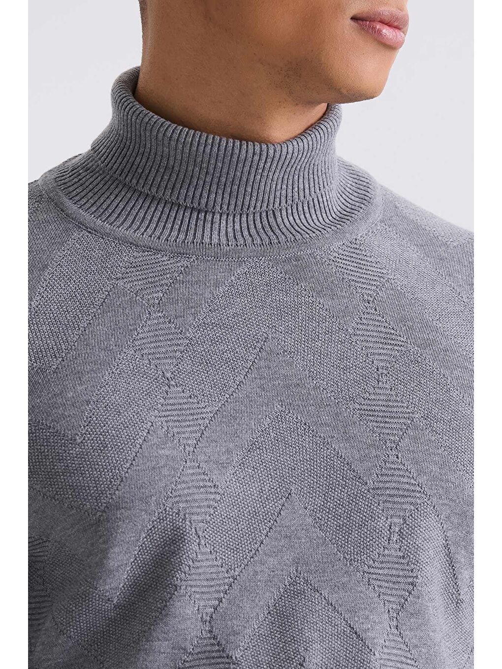 Gri Slim Fit Tam Balıkçı Yaka Desenli Triko Kazak-2