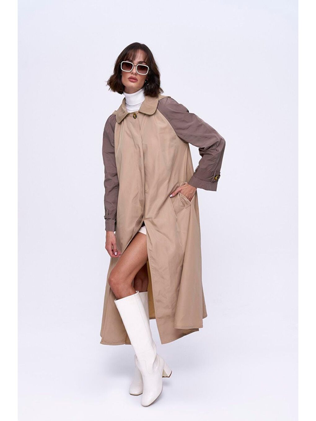 Bej Kapüşonlu Vizon Kadın Trençkot