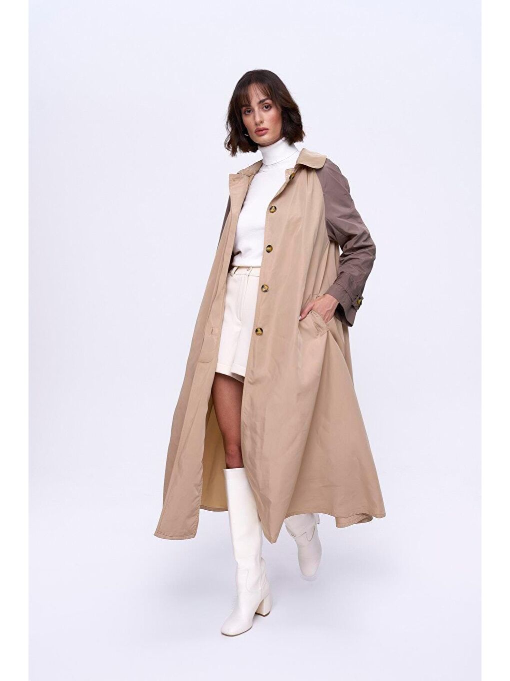 Bej Kapüşonlu Vizon Kadın Trençkot-2