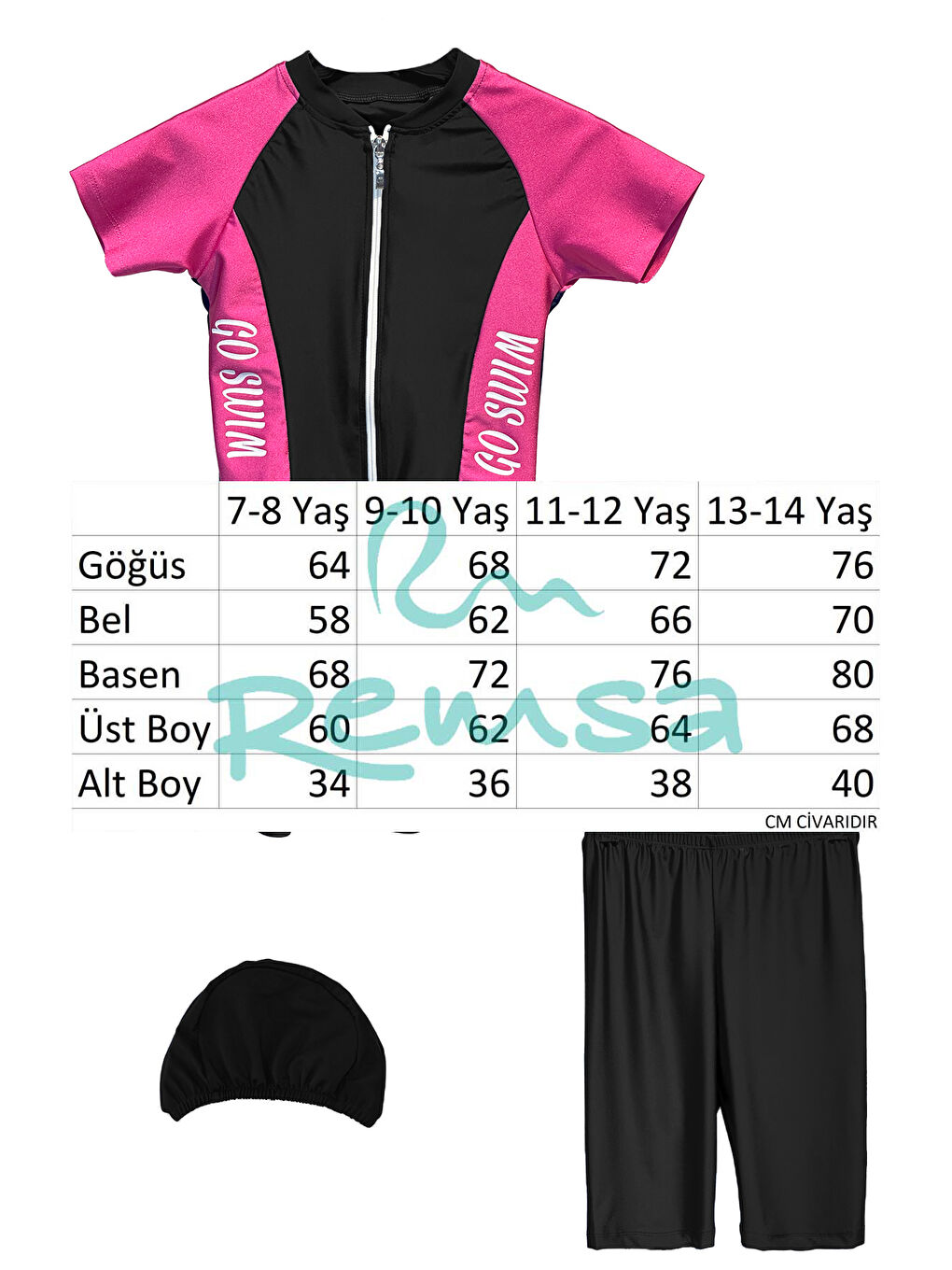 UV Korumalı Etekli Taytlı Kısa Kol Kız Çocuk Mayo Mira 1511 Siyah Fuşya-2