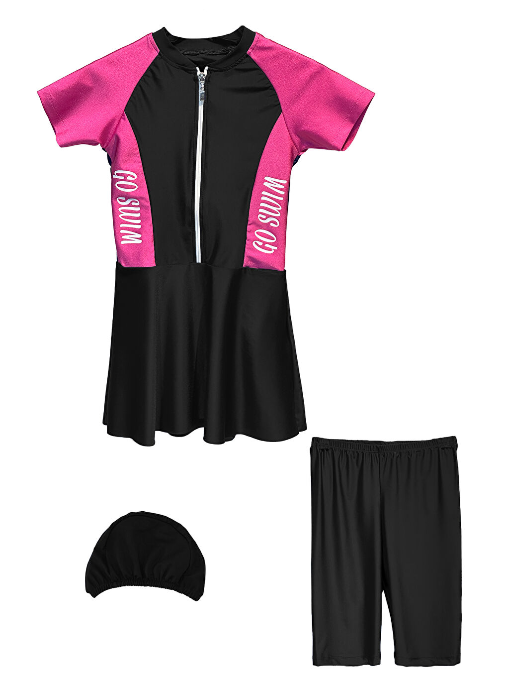 UV Korumalı Etekli Taytlı Kısa Kol Kız Çocuk Mayo Mira 1511 Siyah Fuşya-3