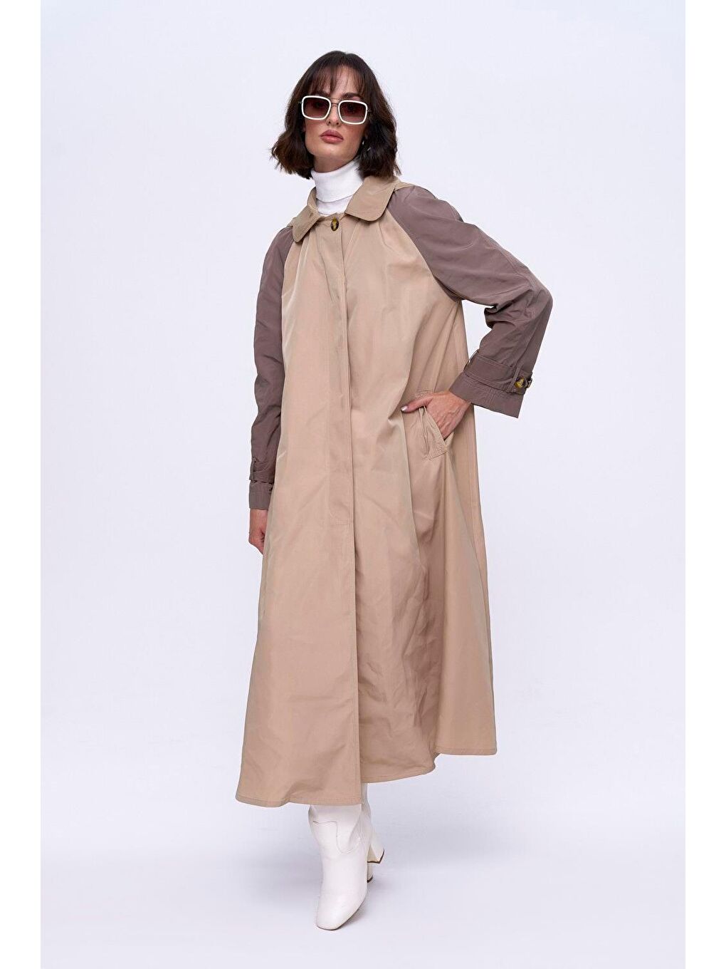 Bej Kapüşonlu Vizon Kadın Trençkot-3