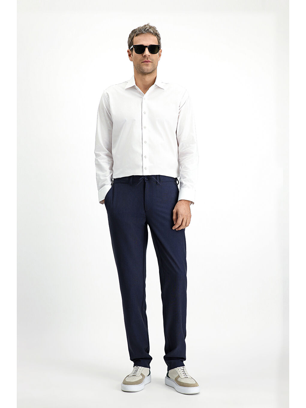 Lacivert Yünlü Beli Lastikli İpli Klasik Kumaş Pantolon-1