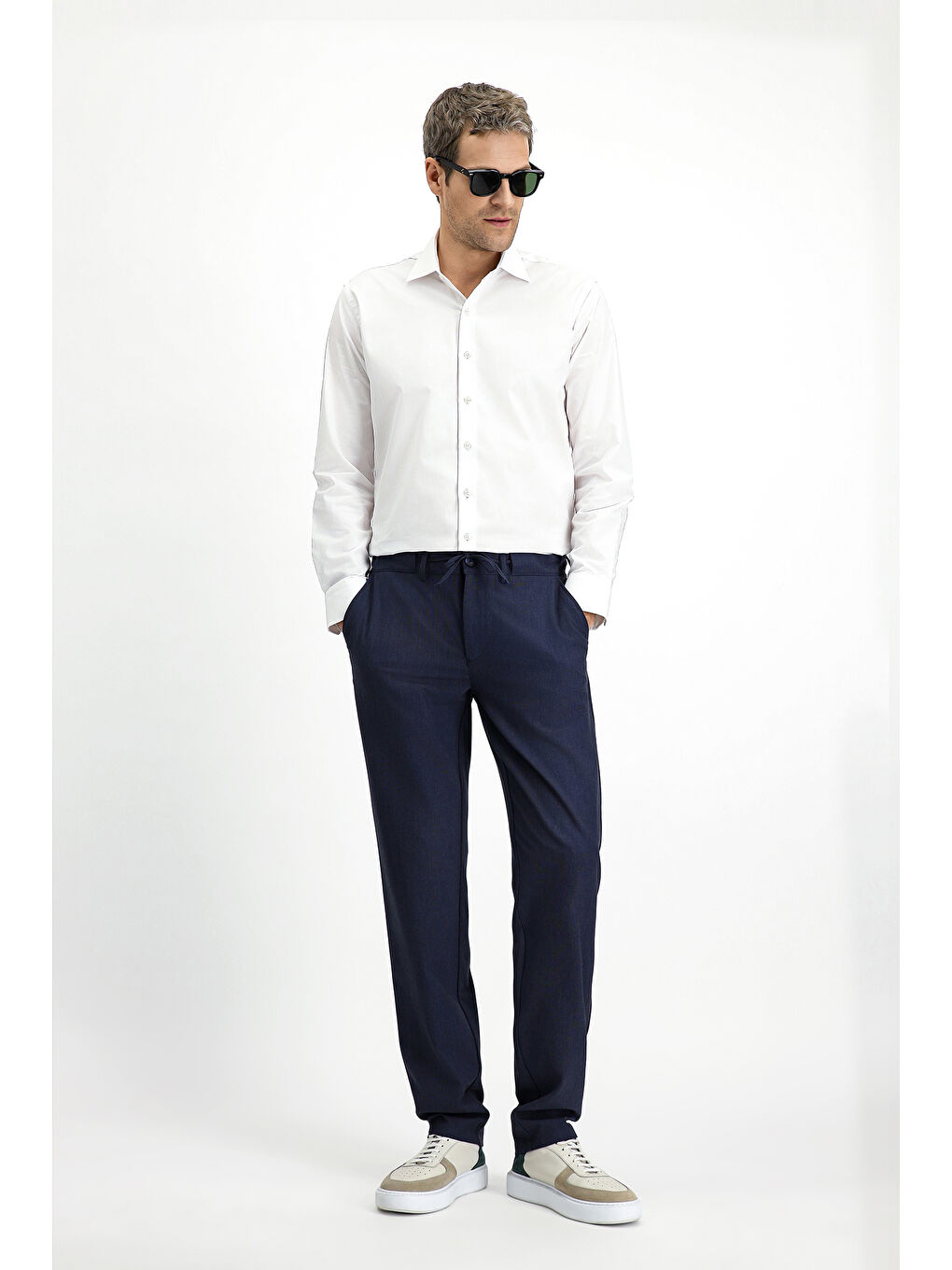 Lacivert Yünlü Beli Lastikli İpli Klasik Kumaş Pantolon-2