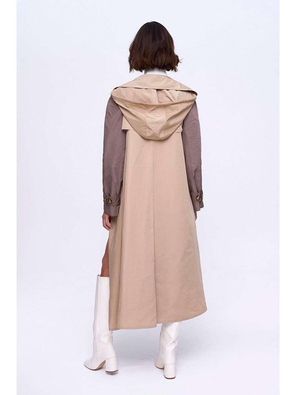 Bej Kapüşonlu Vizon Kadın Trençkot-5
