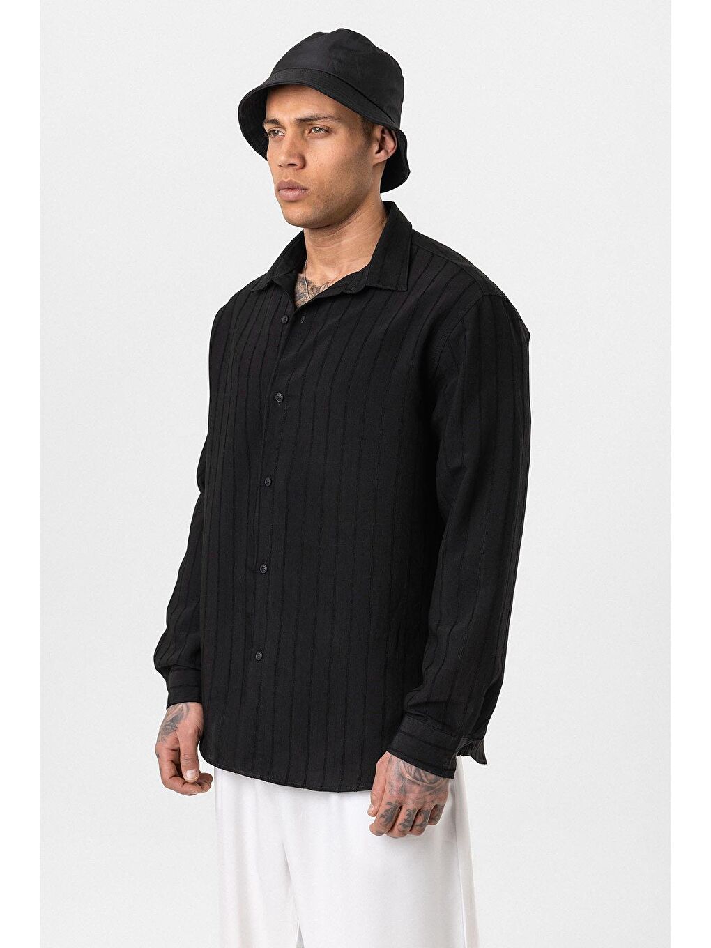Çizgili Uzun Kol Oversize Gömlek Siyah-2