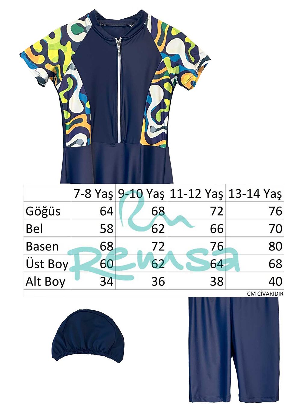 UV Korumalı Etekli Taytlı Kısa Kol Kız Çocuk Mayo Mira 1511 Lacivert01 Neon-2