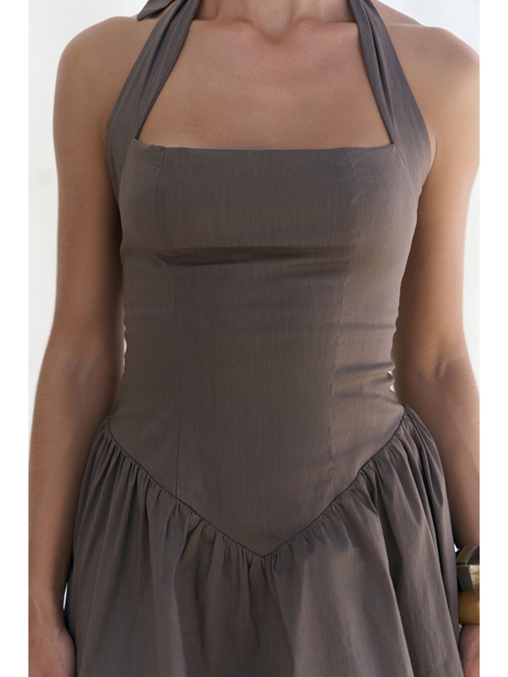 Kahverengi Penny Bağlamalı Kahve Mini Elbise-5