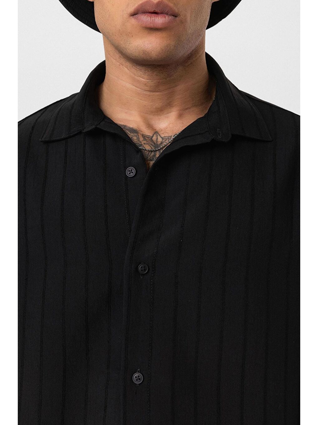 Çizgili Uzun Kol Oversize Gömlek Siyah-4