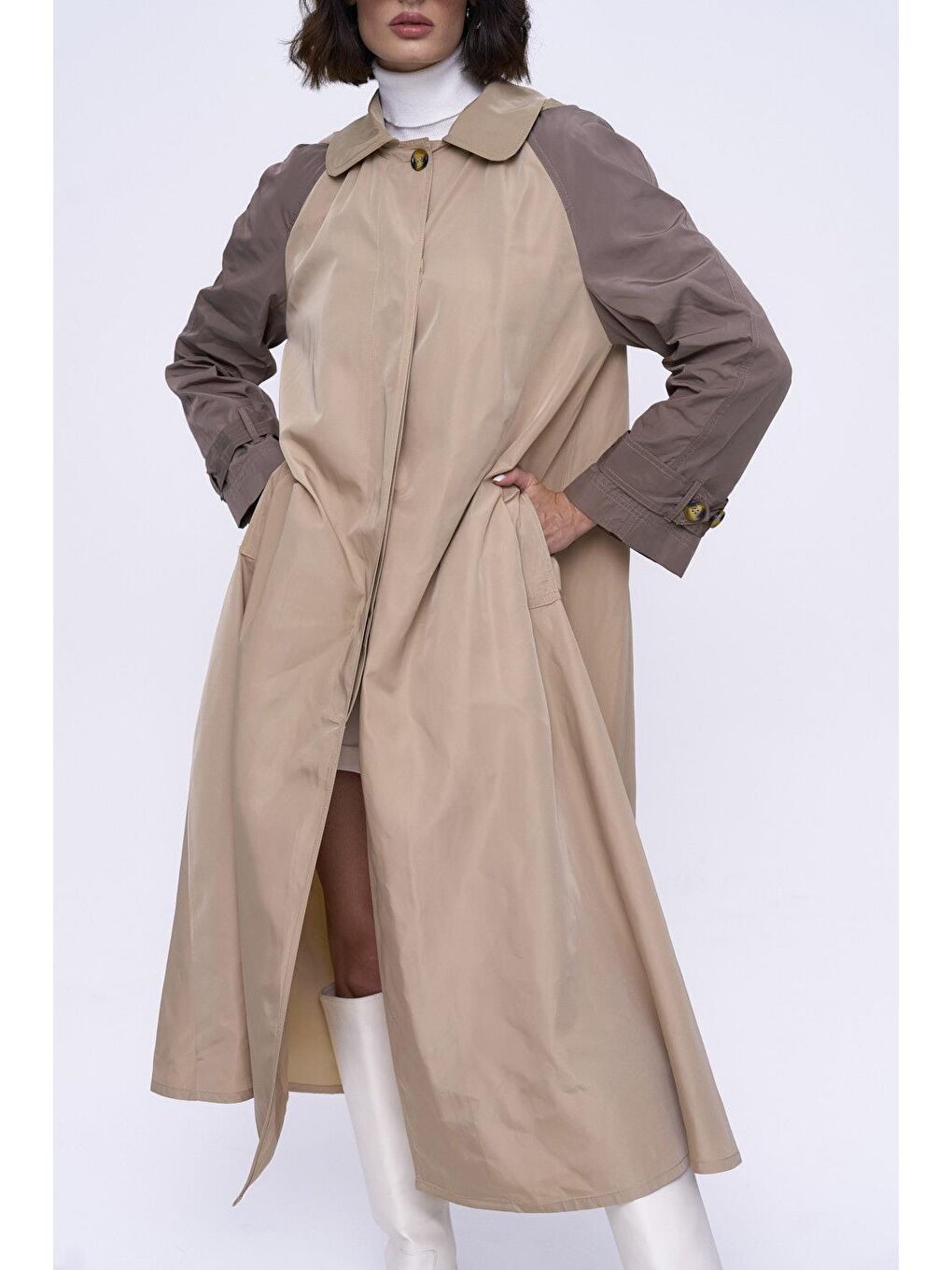 Bej Kapüşonlu Vizon Kadın Trençkot-6