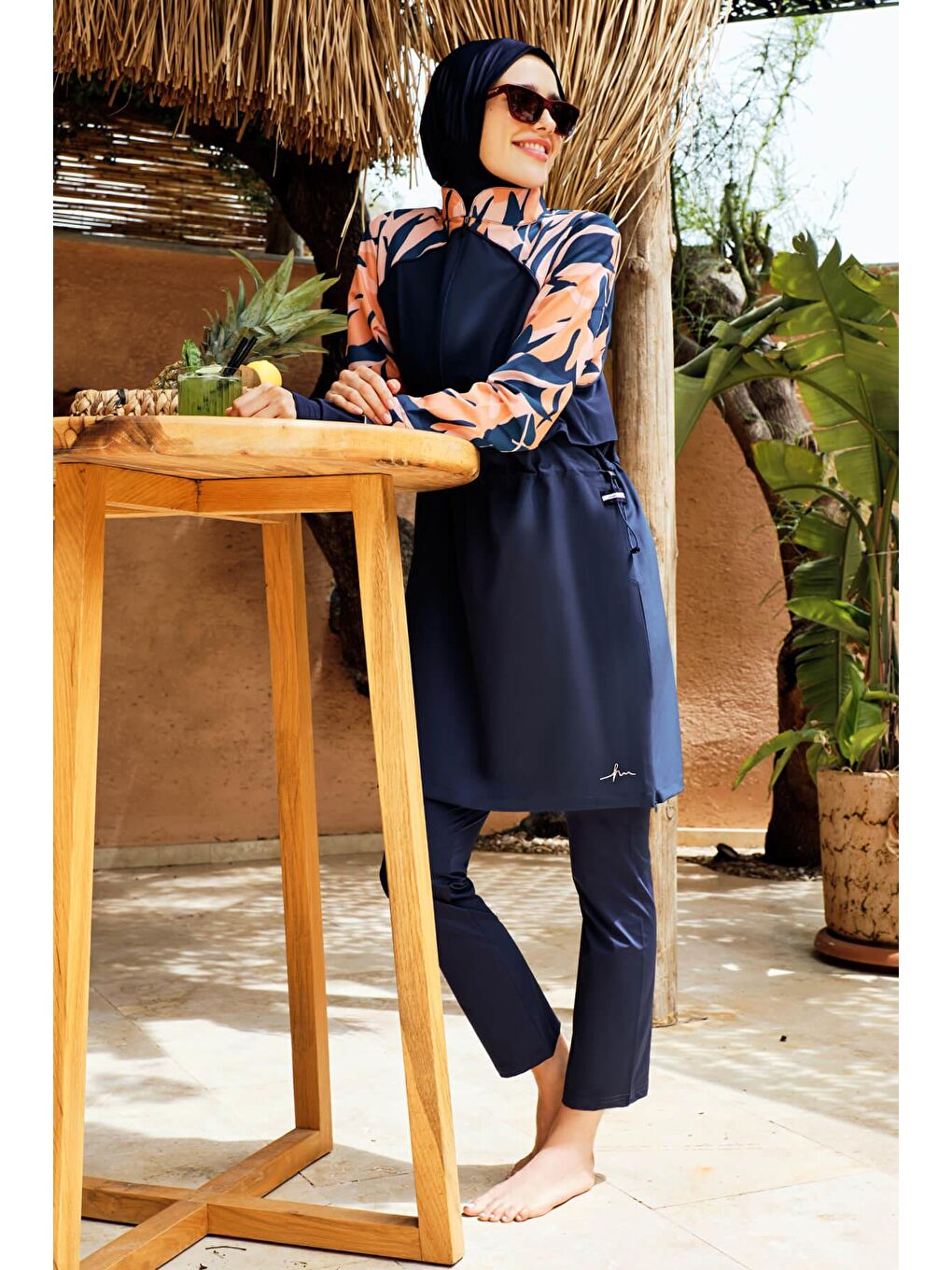 Petrol Esila Kolu Desenli Jileli 5 Parça Tam Tesettür Mayo Takımı 2944