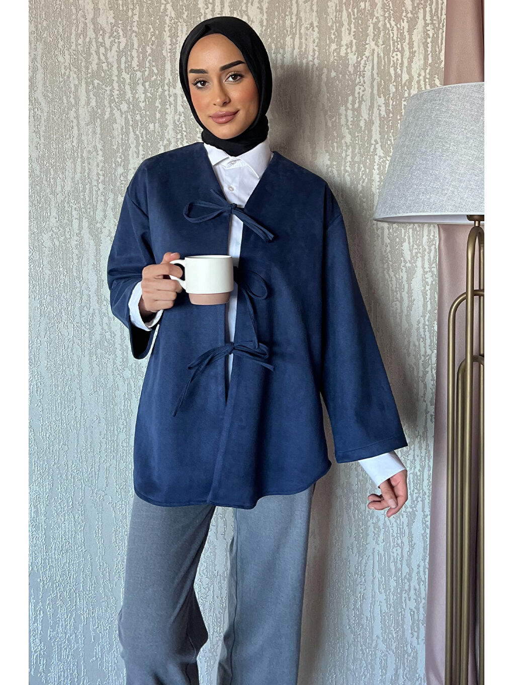 Lacivert Kadın Ön Bağlamalı Tesettür Süet Ceket-1