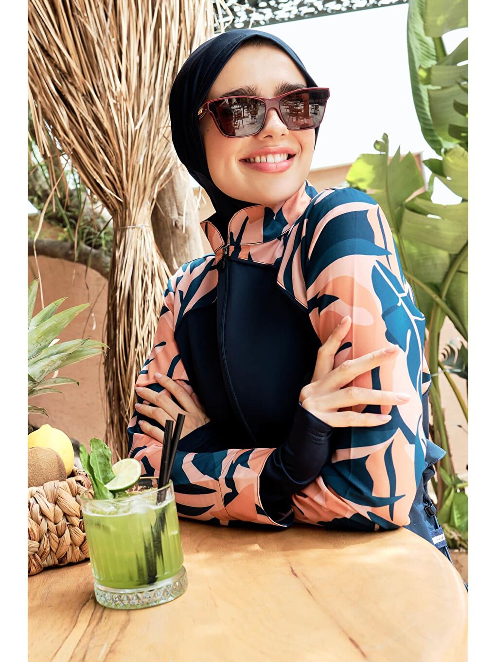 Petrol Esila Kolu Desenli Jileli 5 Parça Tam Tesettür Mayo Takımı 2944-1
