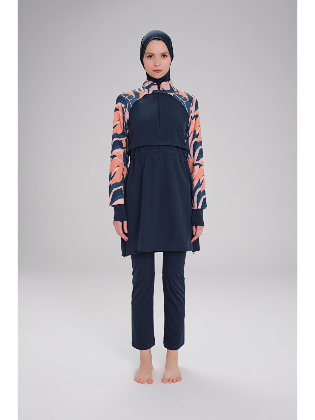 Petrol Esila Kolu Desenli Jileli 5 Parça Tam Tesettür Mayo Takımı 2944-2