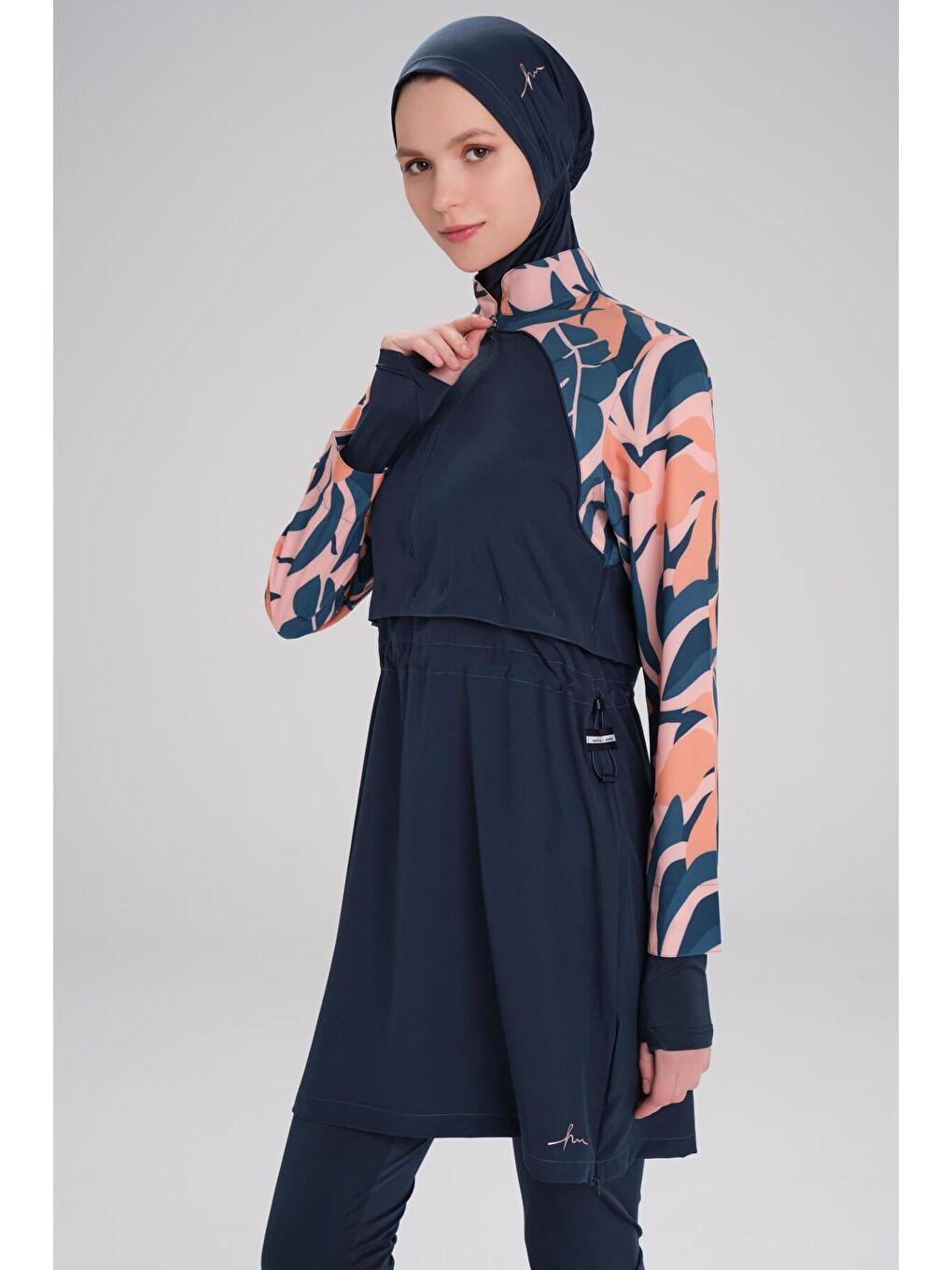 Petrol Esila Kolu Desenli Jileli 5 Parça Tam Tesettür Mayo Takımı 2944-3