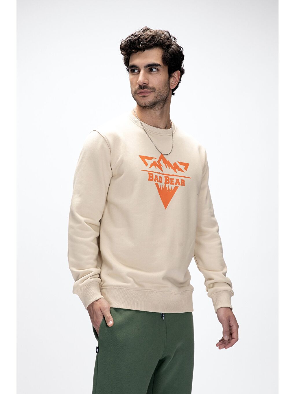 Mountain Bej Crewneck Erkek Baskılı Sweatshirt-3