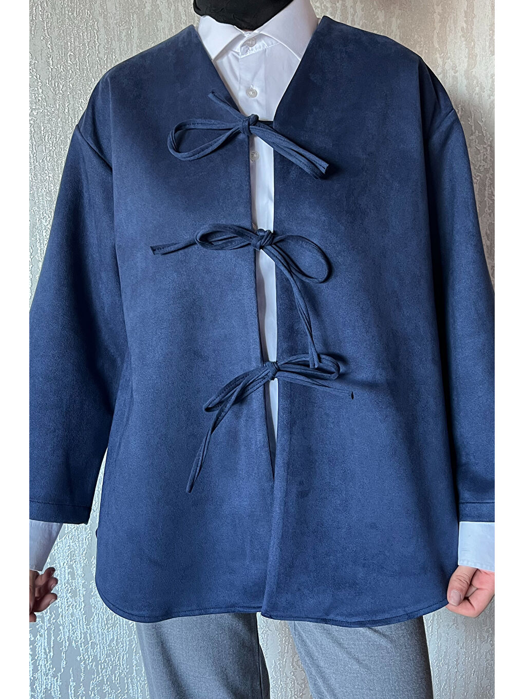 Lacivert Kadın Ön Bağlamalı Tesettür Süet Ceket-2