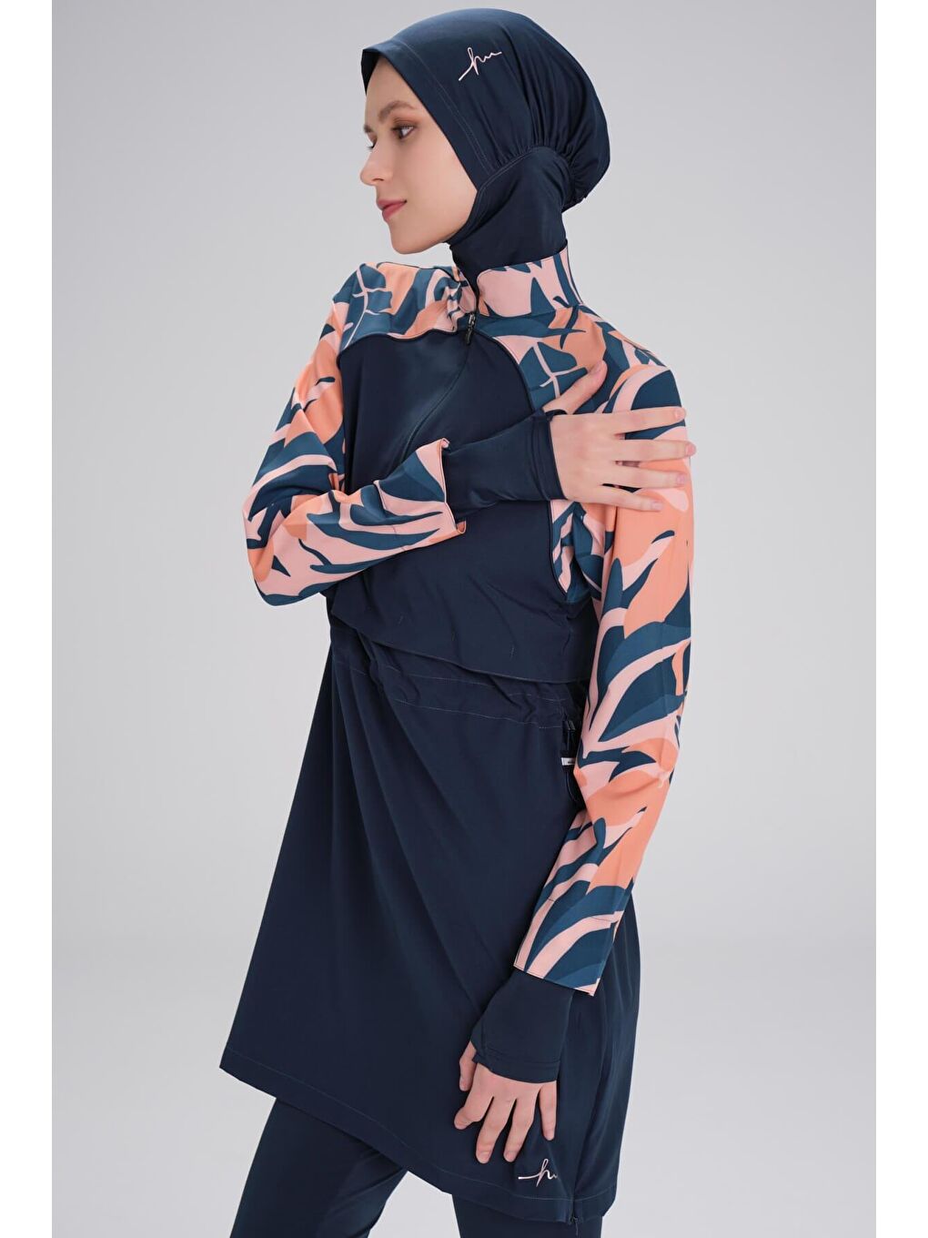 Petrol Esila Kolu Desenli Jileli 5 Parça Tam Tesettür Mayo Takımı 2944-4