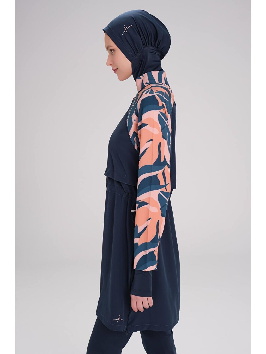 Petrol Esila Kolu Desenli Jileli 5 Parça Tam Tesettür Mayo Takımı 2944-5