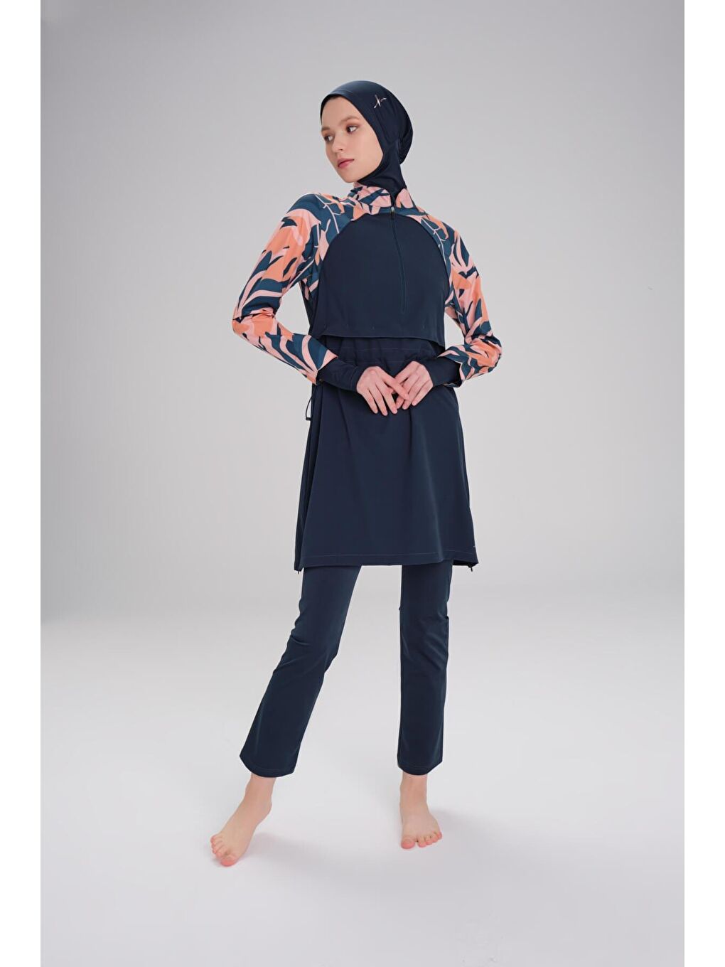 Petrol Esila Kolu Desenli Jileli 5 Parça Tam Tesettür Mayo Takımı 2944-6