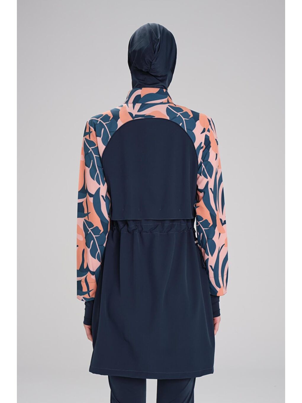 Petrol Esila Kolu Desenli Jileli 5 Parça Tam Tesettür Mayo Takımı 2944-7