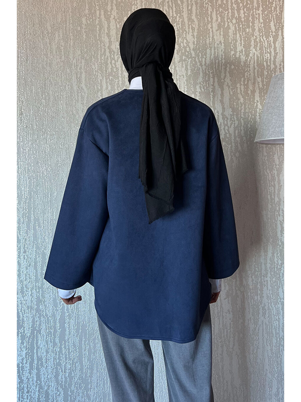 Lacivert Kadın Ön Bağlamalı Tesettür Süet Ceket-3