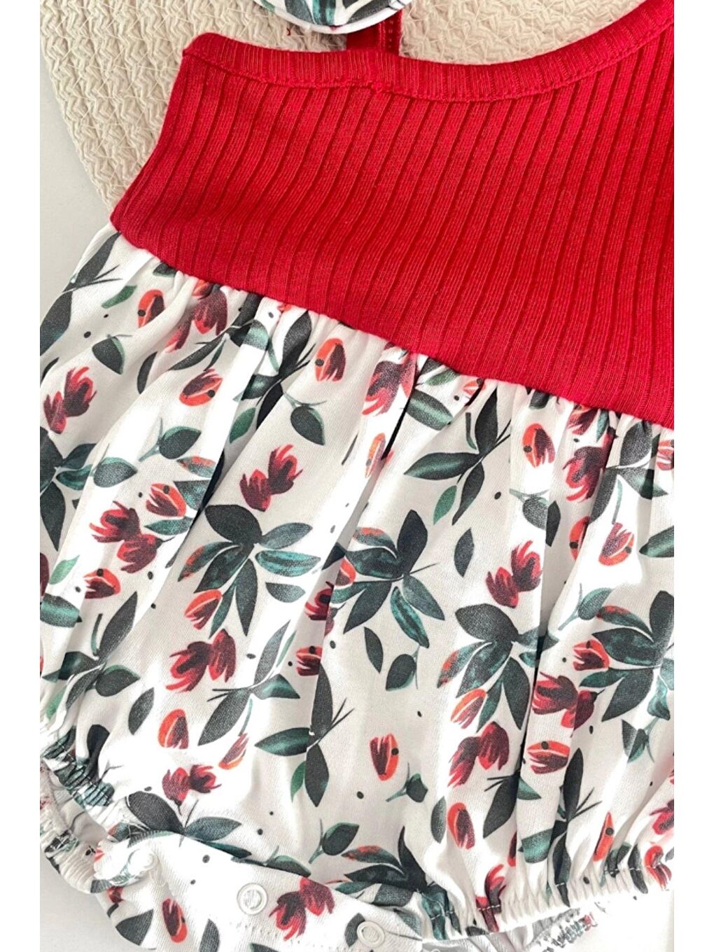 Kırmızı Kız Bebek Kokina Çiçeği Tek Omuz Romper Tulum-2