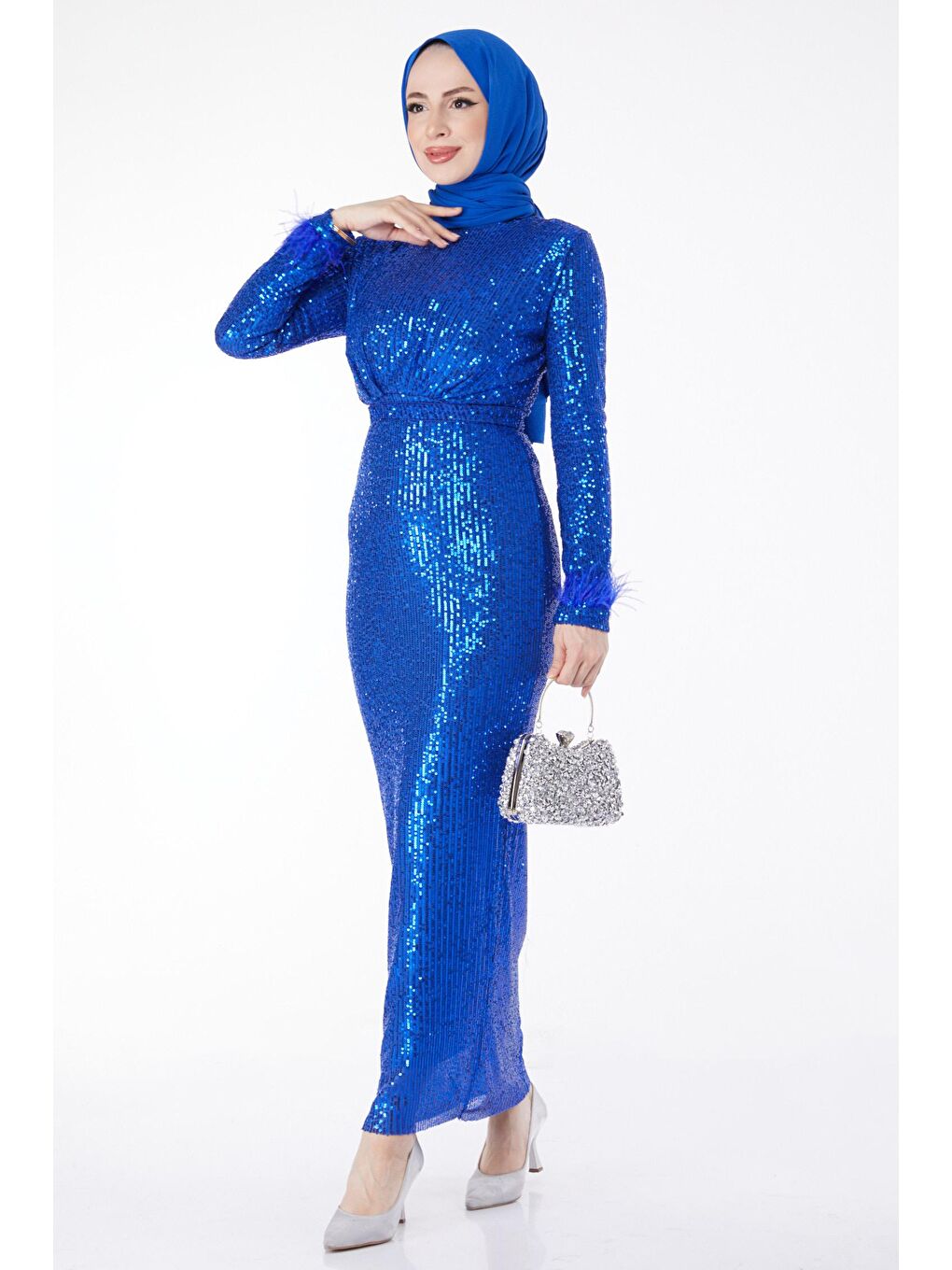 Düz Hakim Yaka Kadın Mavi Abiye Elbise - 23653-1