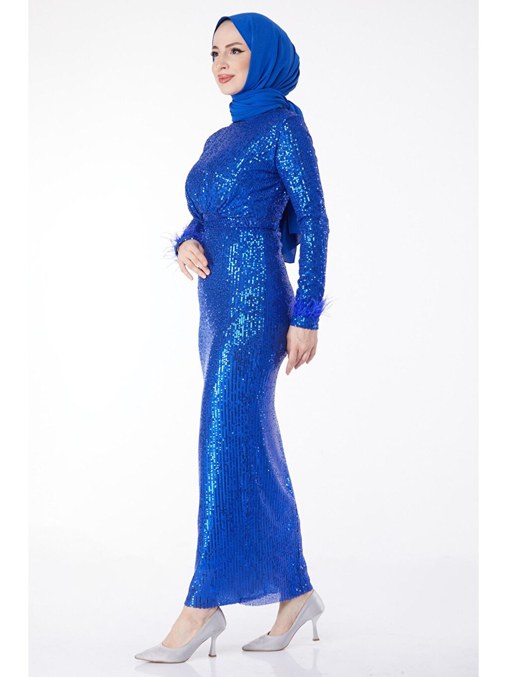 Düz Hakim Yaka Kadın Mavi Abiye Elbise - 23653-3